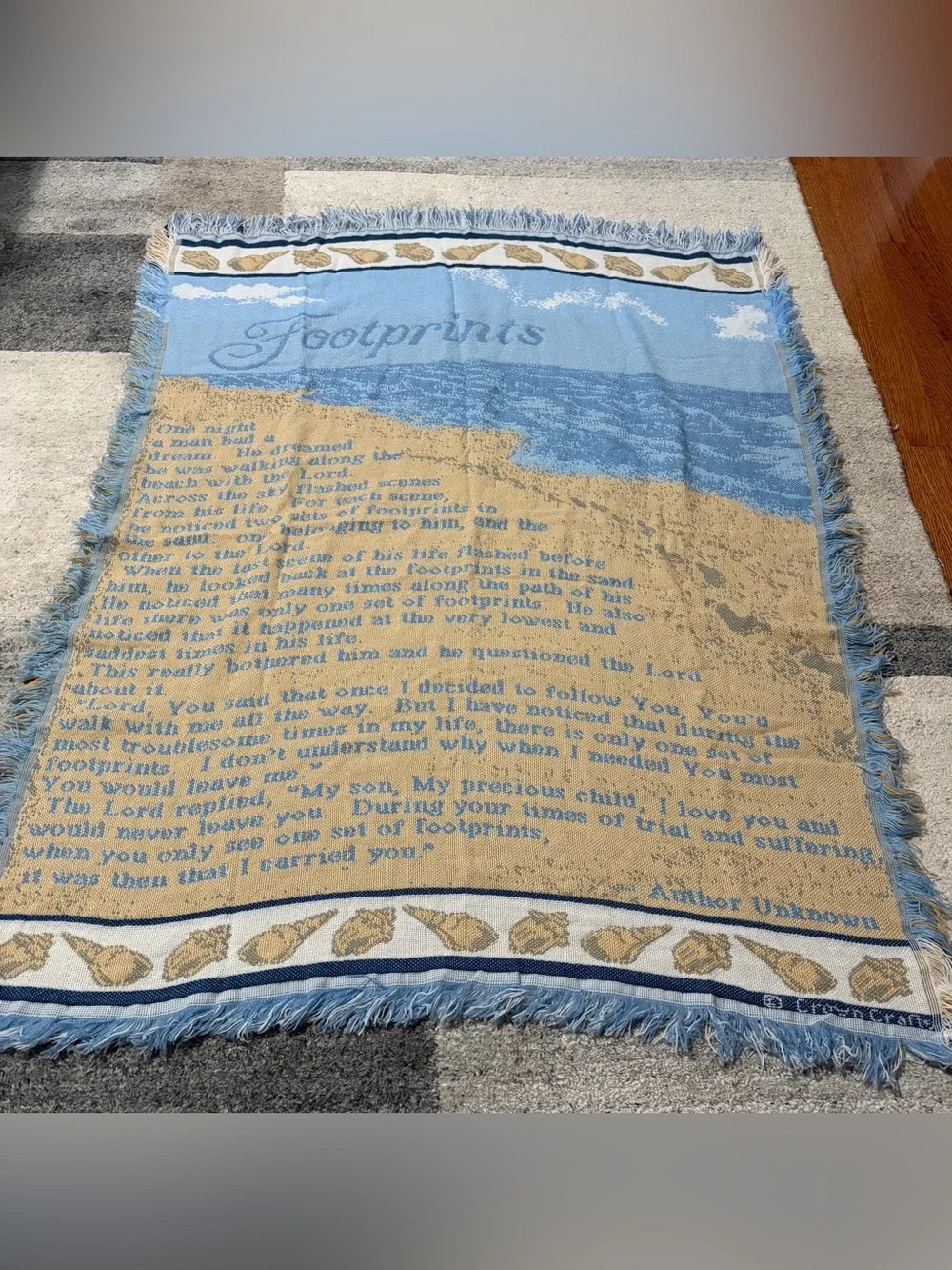 Vtg Footprints/Walk with Thee Jacquard Woven Throw Blanket Tapestry Style 51x41
